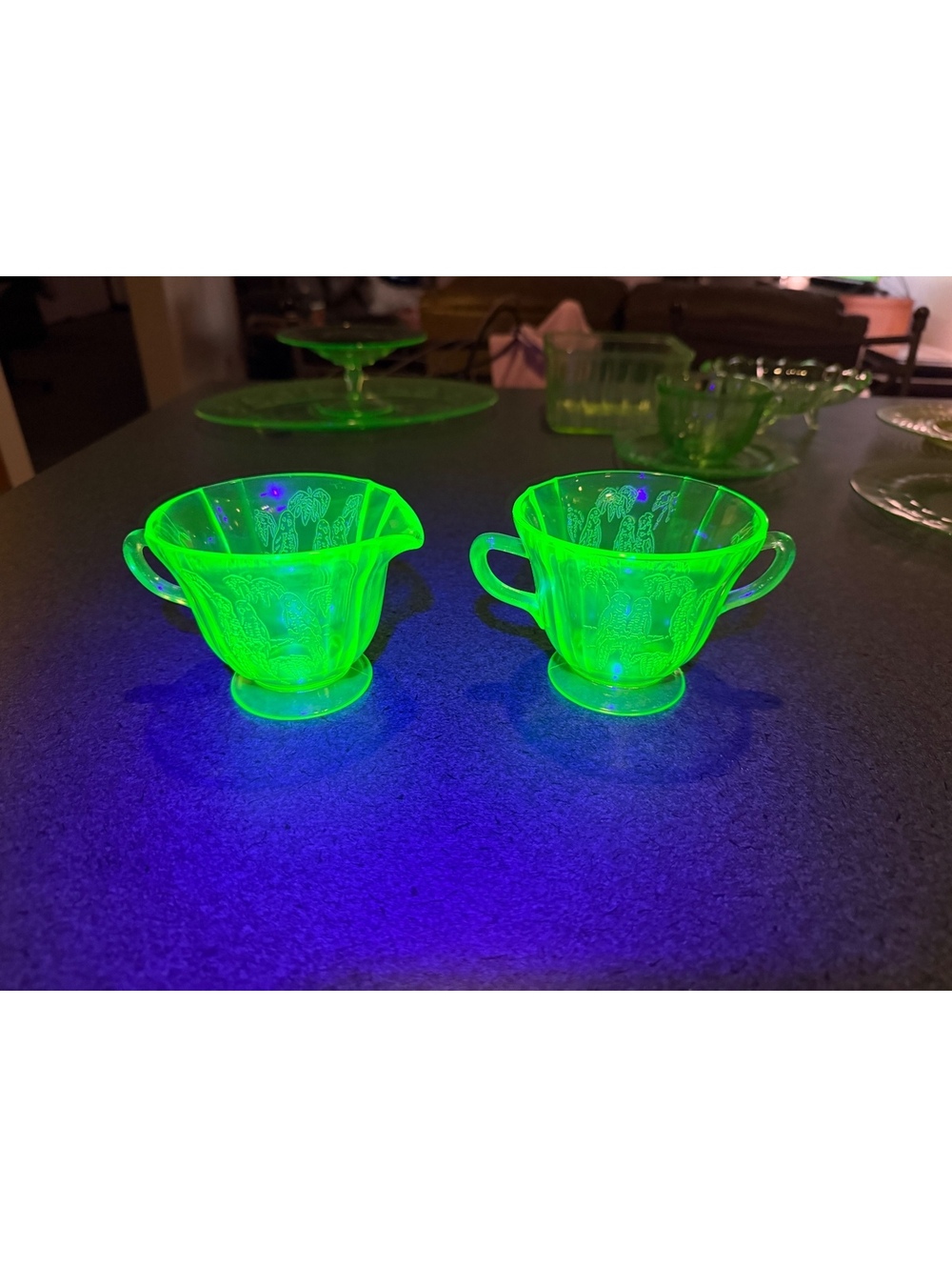 Federal Glass Parrot Sylvan Green Uranium Depression Glass Creamer & Sugar Set